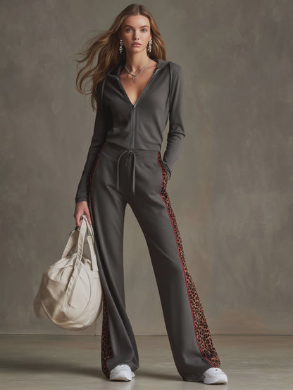 Sporty Retro Velvet Leopard Print Dark Gray Hooded Sweatshirt And Pants Set