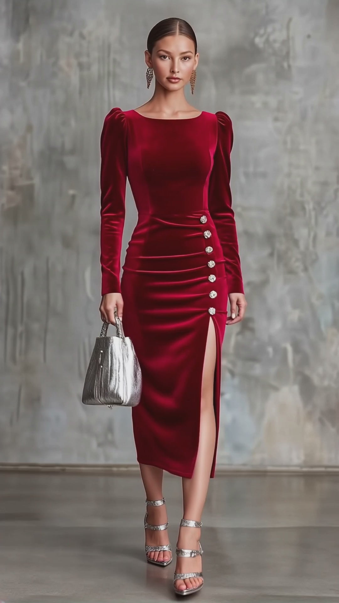 Elegant Round Neck Button-down Side Slit Long Sleeve Velvet Midi Dress