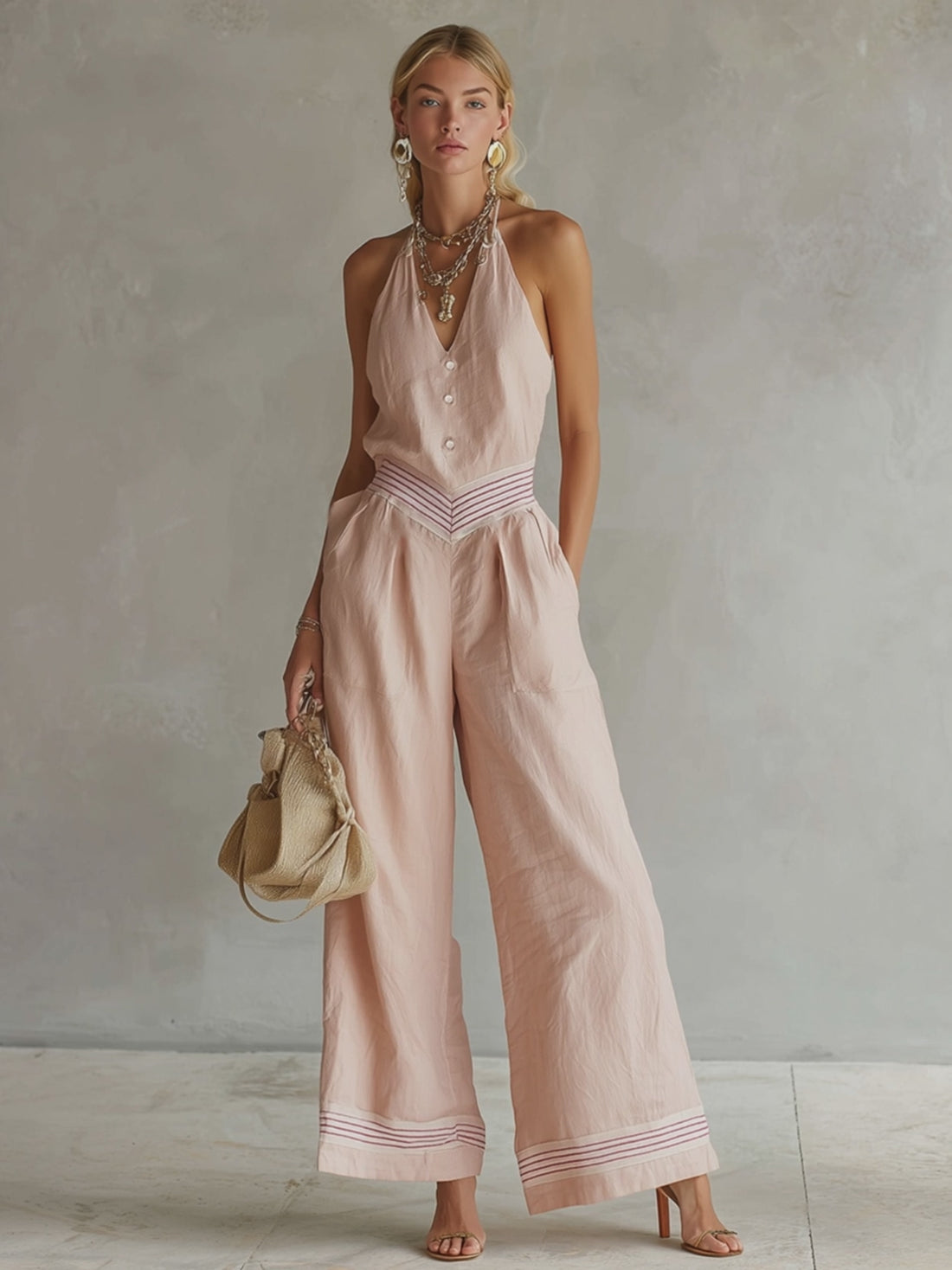 Elegant Urban Striped Trim Pink Cotton-Linen Jumpsuit