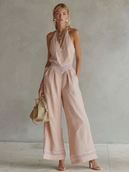 Elegant Urban Striped Trim Pink Cotton-Linen Jumpsuit
