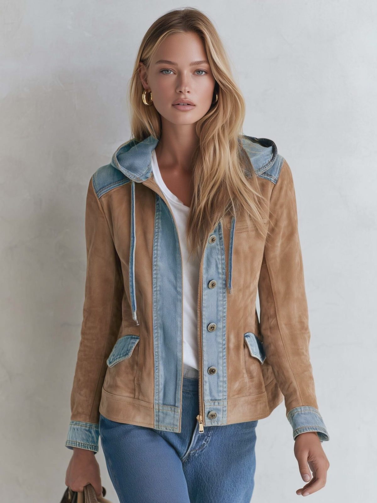 Urban Western Camel Suede Jean Jacket Women Mixed Media Drawstring Hood Coat