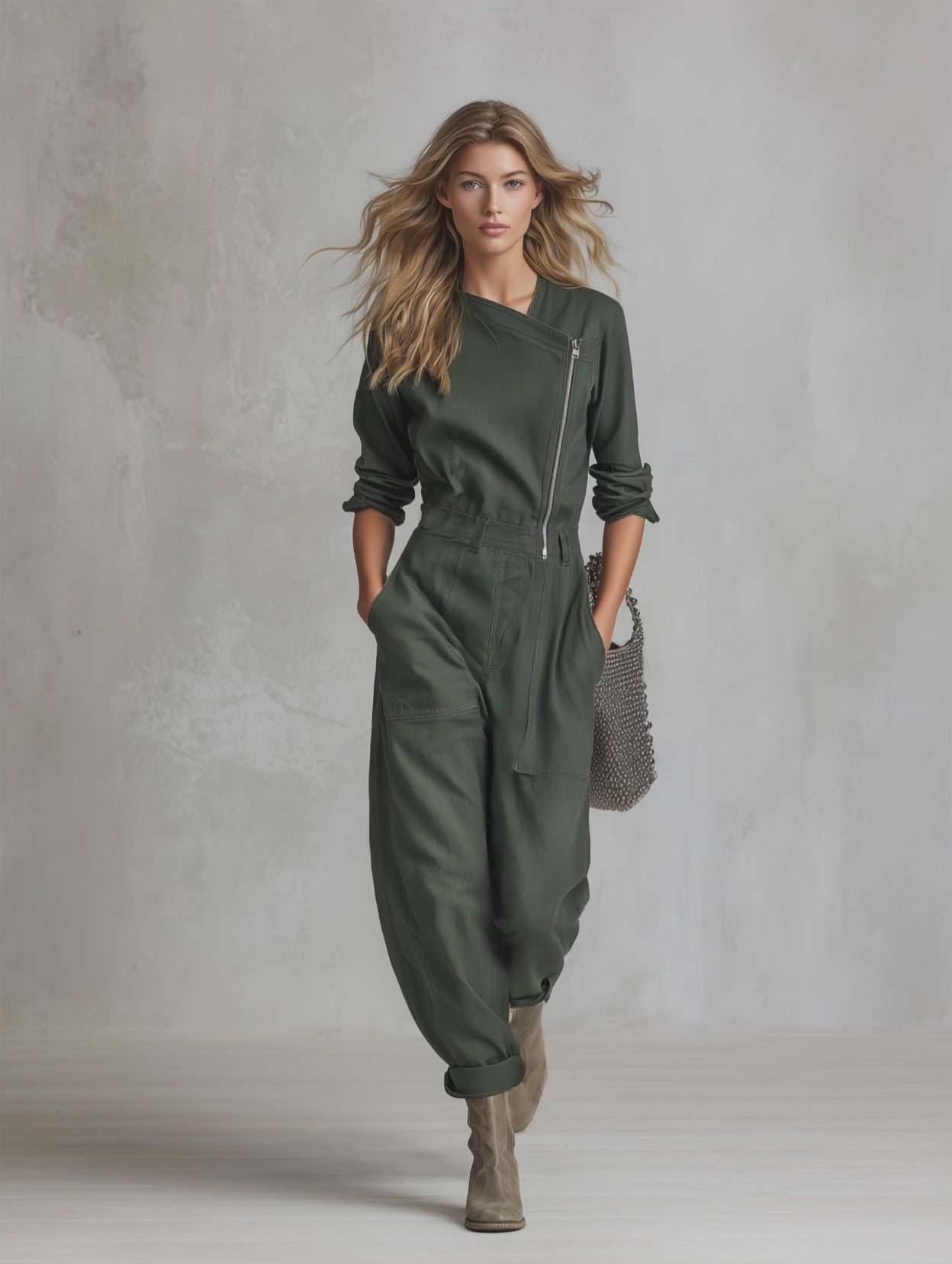 American Asymmetric Zip-front Cinched-waist Denim Jumpsuit