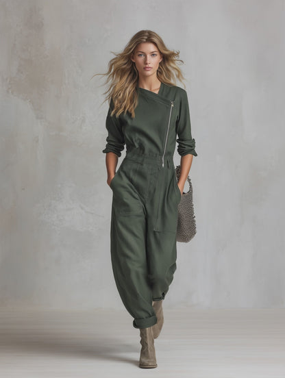 American Asymmetric Zip-front Cinched-waist Denim Jumpsuit