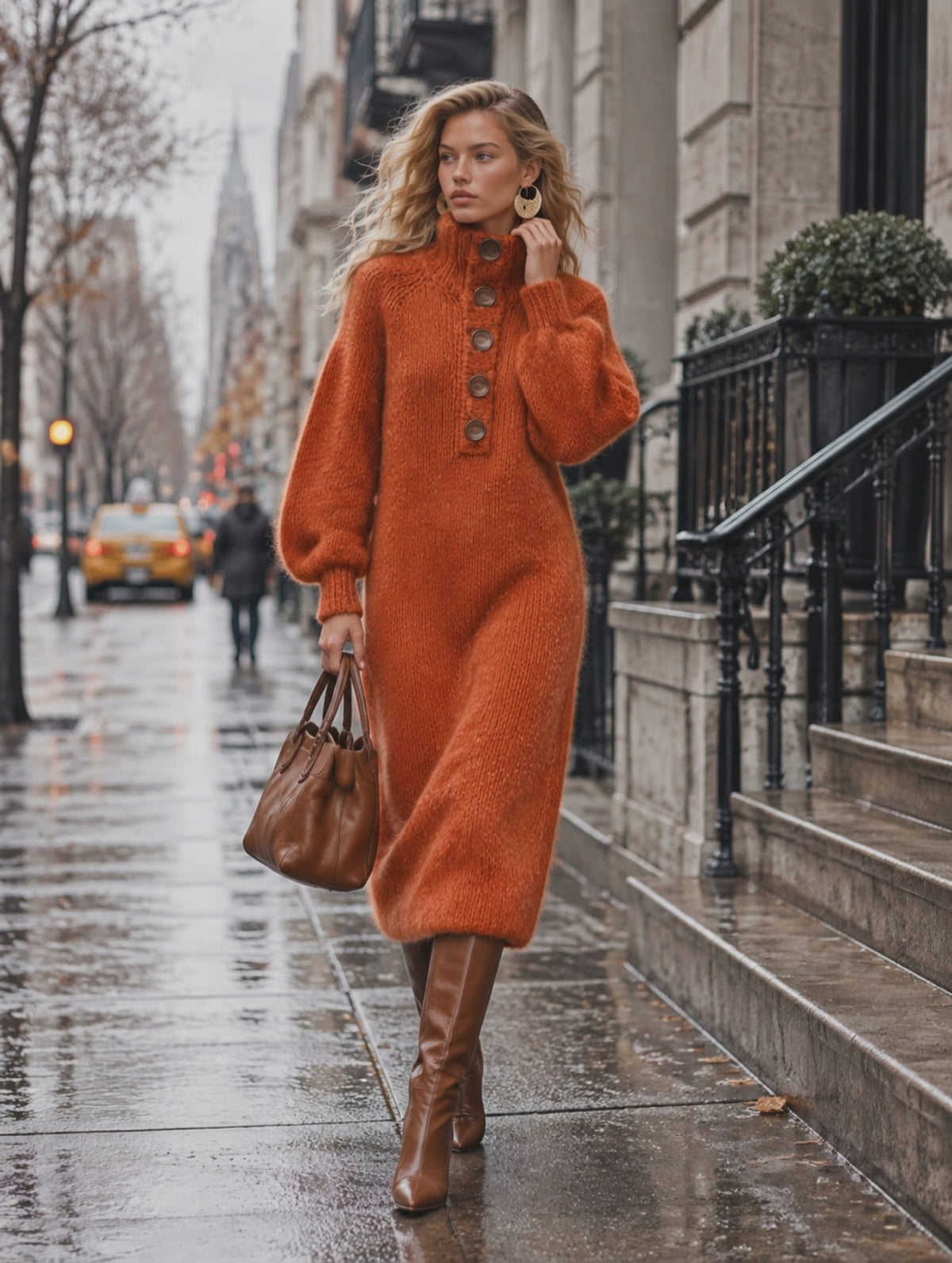 Retro-chic Orange Mock-neck Half-button Mohair Knit Midi Dress
