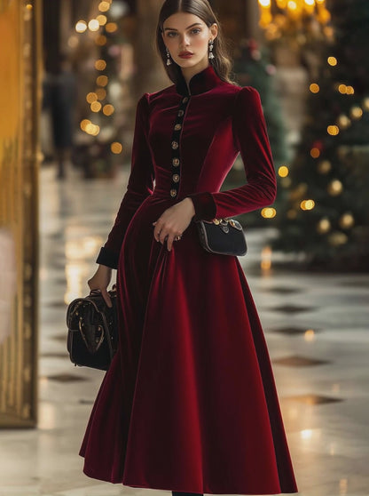Fashion Retro Ankola Red Velvet Single-Breasted Long-Sleeved Midi Dress