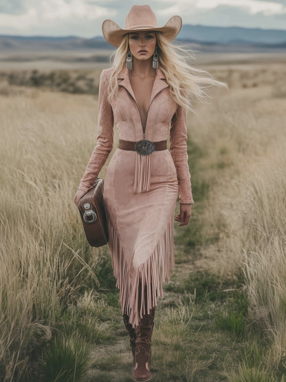 Western Retro Pink Long-sleeved Tassel Midi Dress