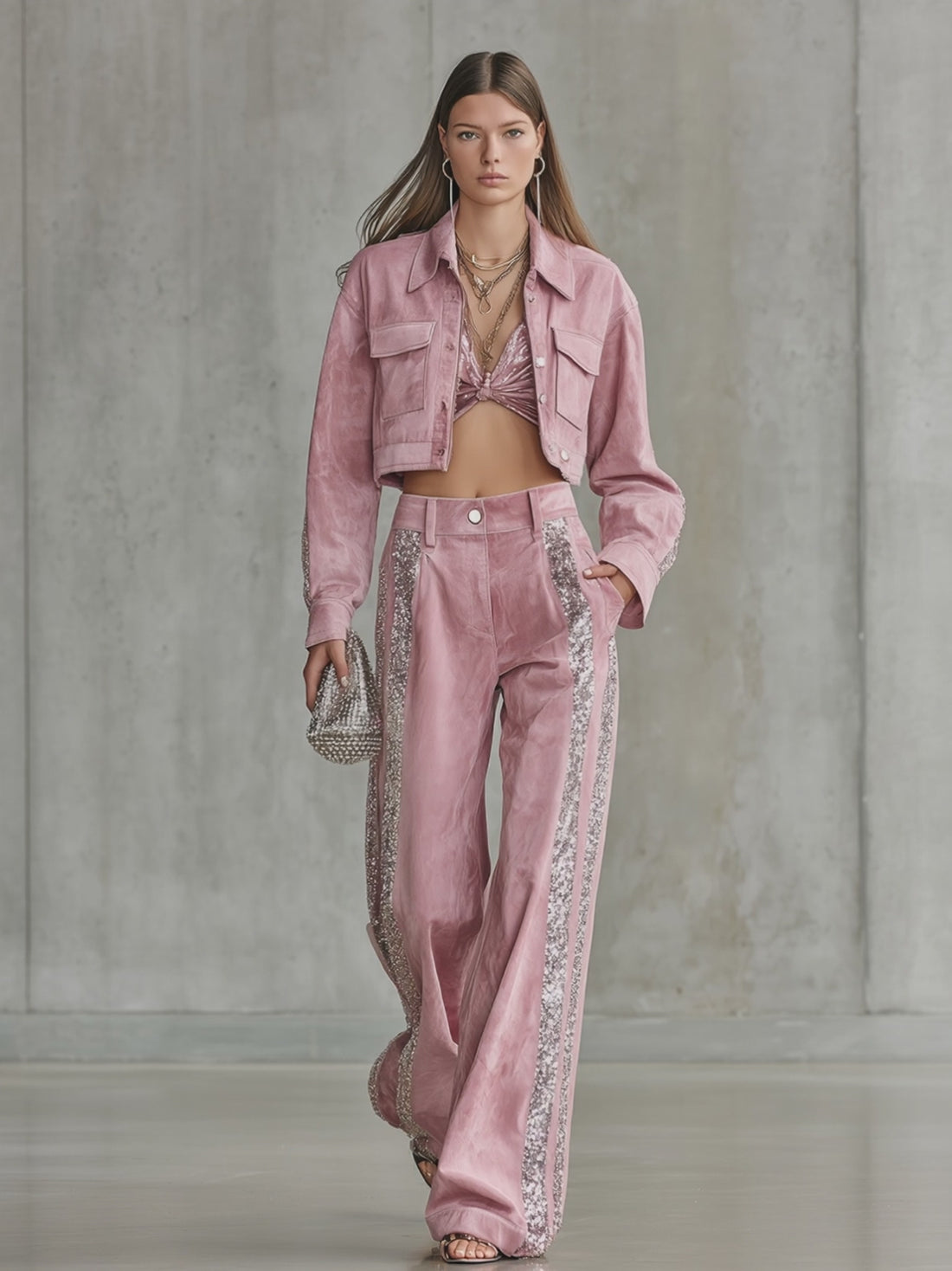 Retro-style Sequined Striped Faux Suede Wide-leg Pants