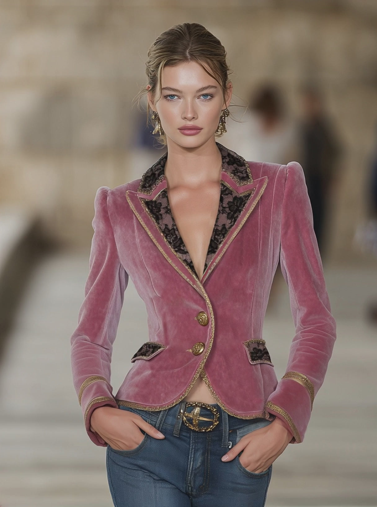 Pink Velvet Collar Lace And Gold Ribbon Blazer