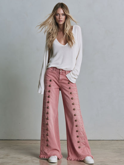 vintage-button-down-washed-pink-flared-frayed-jeans - Oyrosy