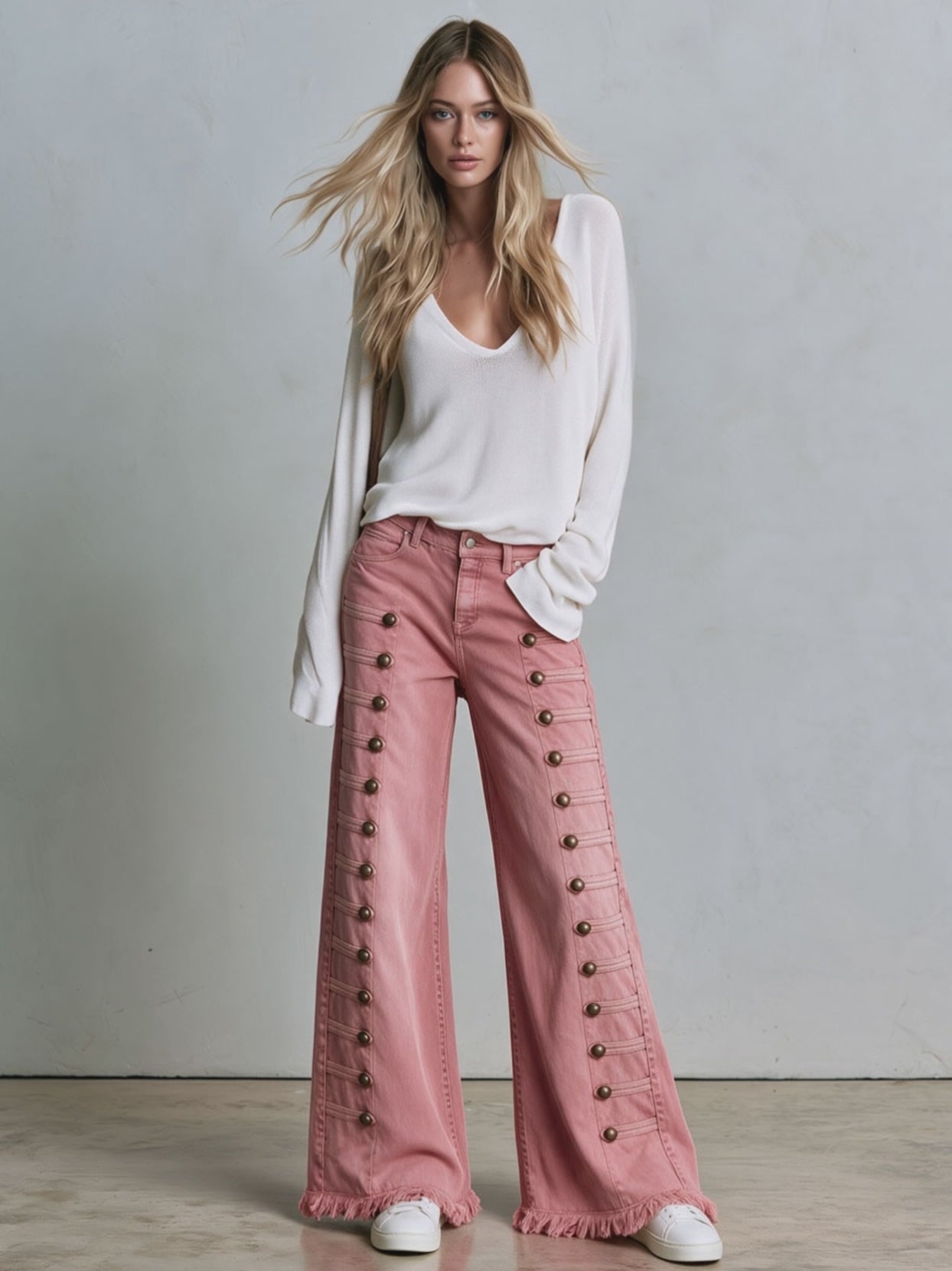 vintage-button-down-washed-pink-flared-frayed-jeans - Oyrosy
