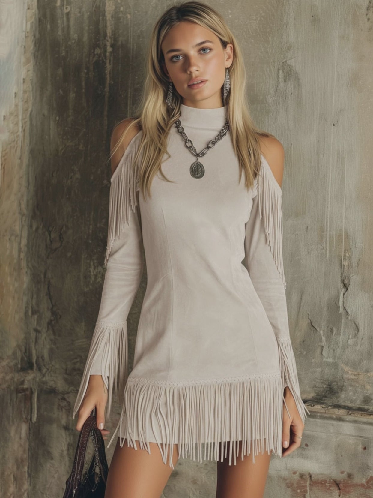 Semi-high Neck Off-the-shoulder Fringed Faux Suede Long-sleeved Mini Dress