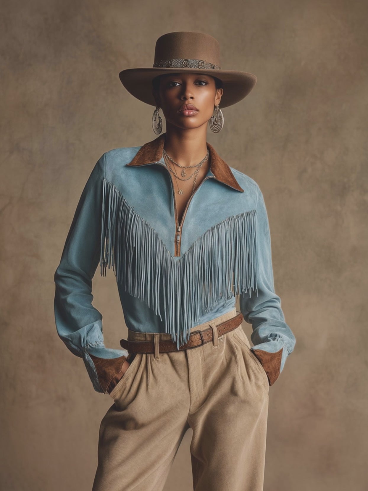 Western Retro Brown And Blue Faux Suede Tassel Long-Sleeved Shirt