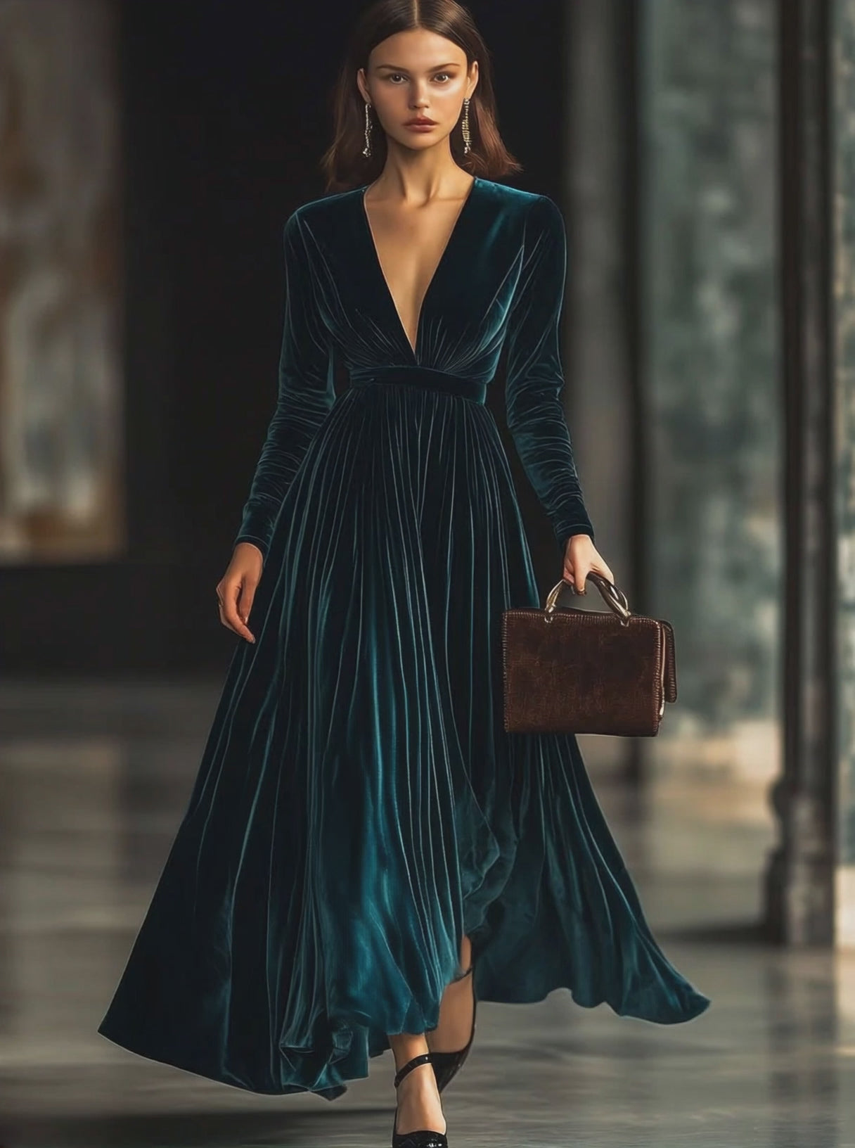 【24-hour shipping out】V-Neck Fashion Party Solid Color Velvet Long-Sleeved Maxi Dress