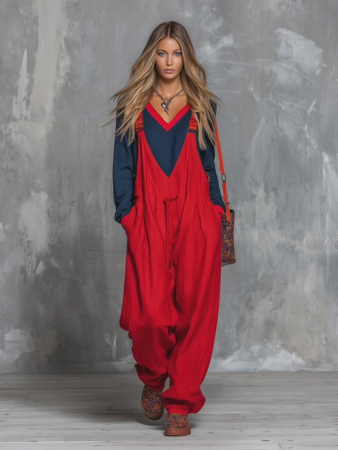 Retro Bohemian Style Color-blocked Cotton And Linen Top And Overalls Set