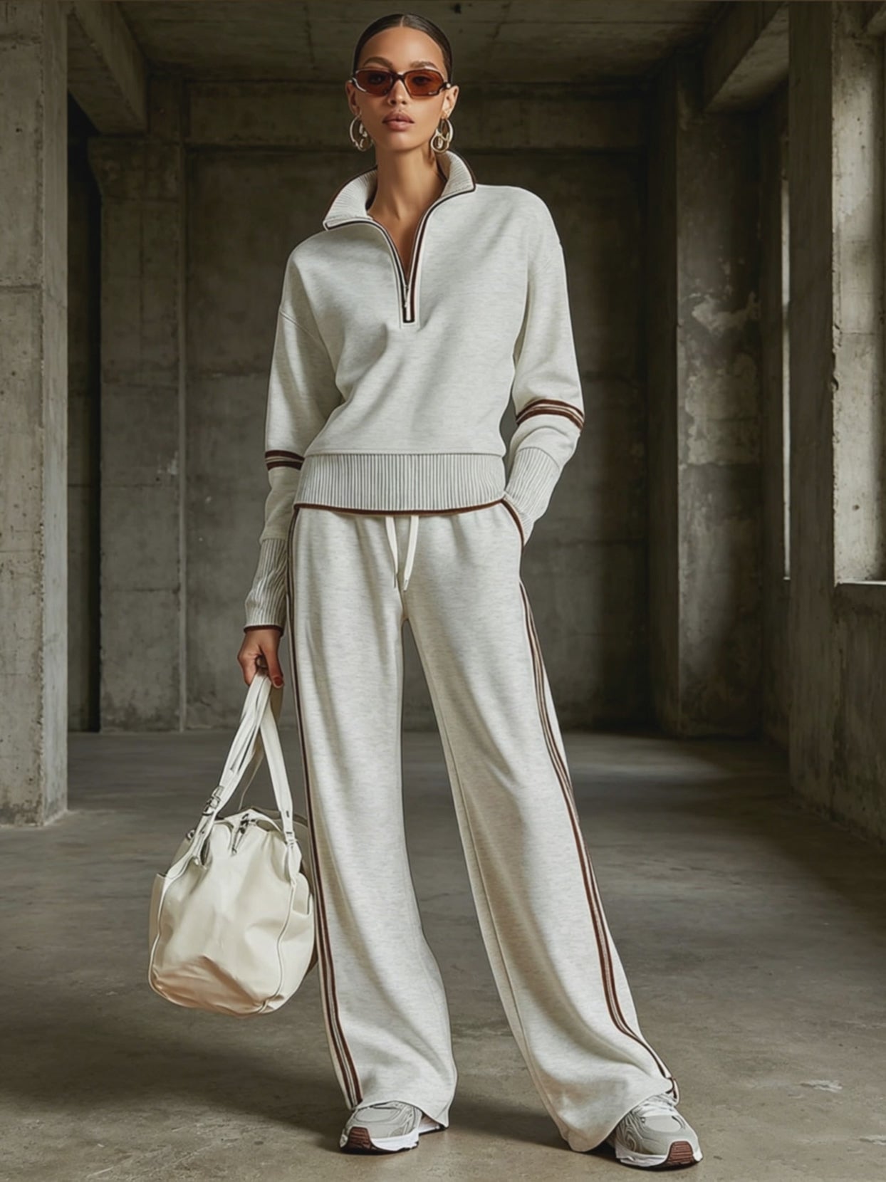 Retro Sporty Webbing Grey-white Half-zip Sweatshirt And Wide-leg Pants Set