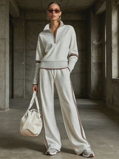 Retro Sporty Webbing Grey-white Half-zip Sweatshirt And Wide-leg Pants Set