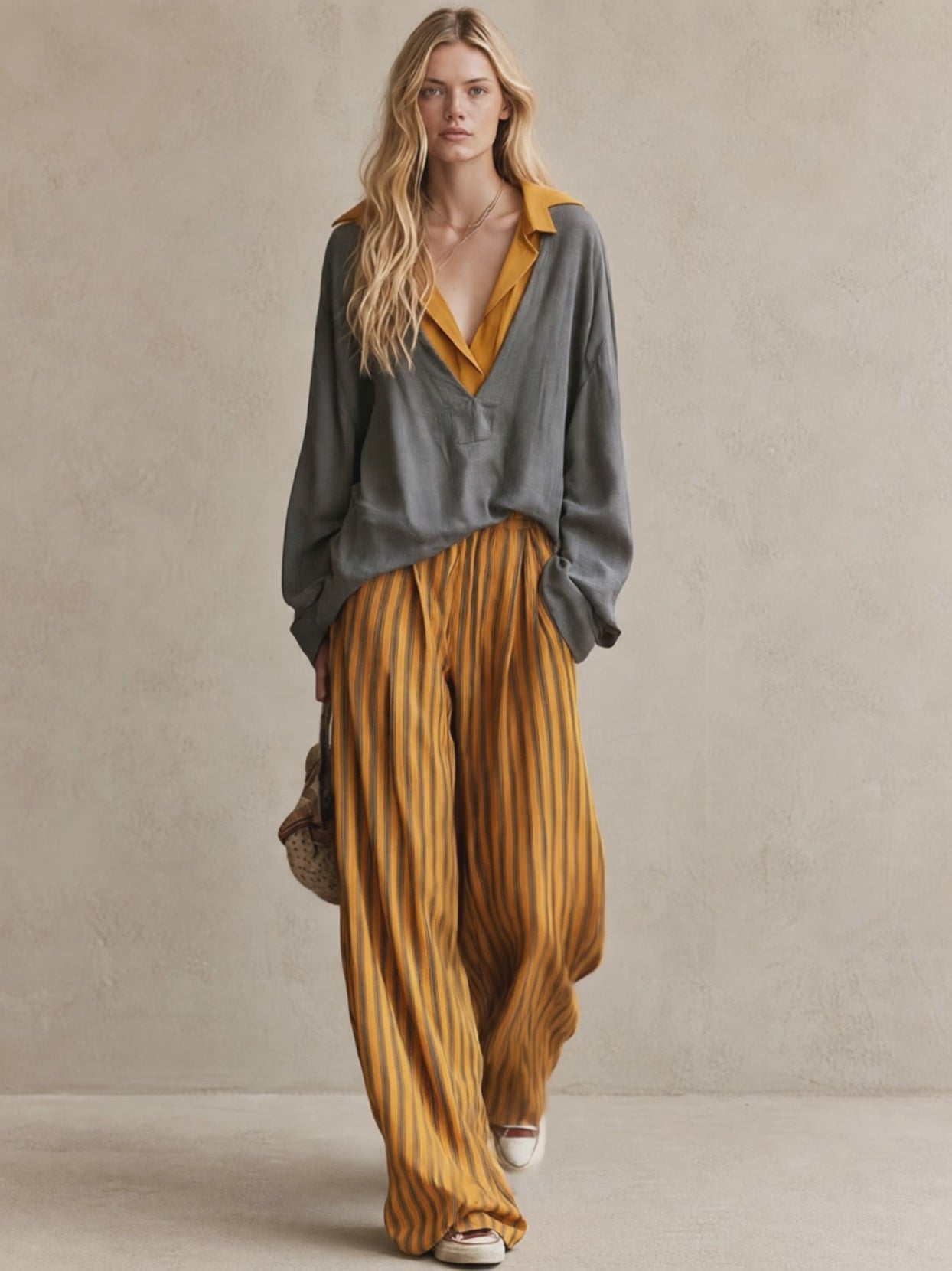 Casual Retro Color-blocked Faux Two-piece Grey Linen Shirt And Yellow Trousers Set