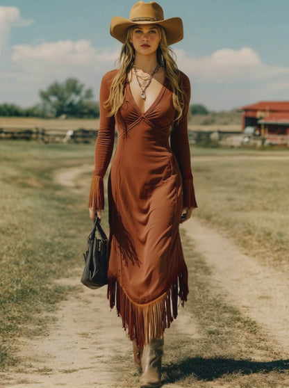 Western Retro Brick Red Cotton Long Sleeve Tassel Maxi Dress