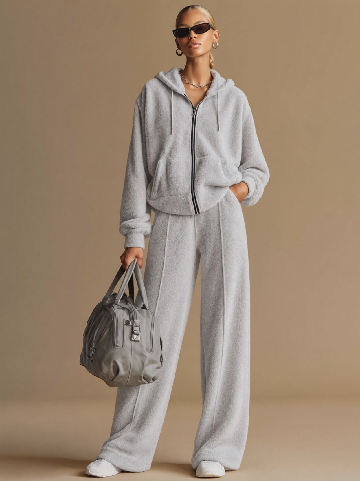 Casual Sporty Light Gray Fleece Zip-up Hoodie And Wide-leg Pants Set