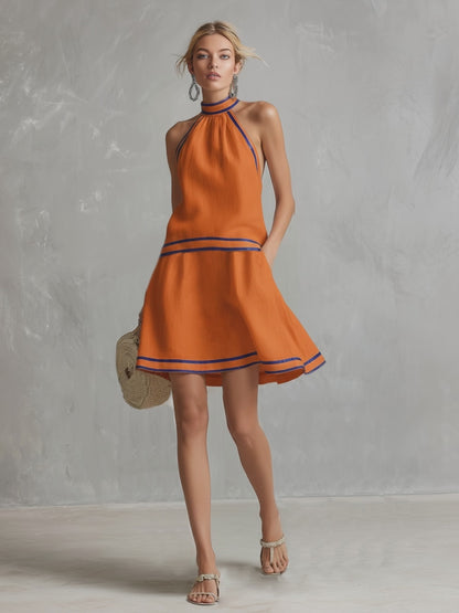 Elegant Color-Block Trim Orange Cotton-Linen Halter Sleeveless Mini Dress
