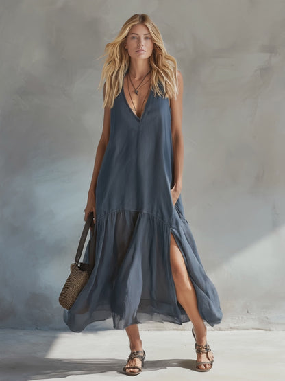 Urban Chic Grey-Blue Cotton Chiffon Patchwork Maxi Dress