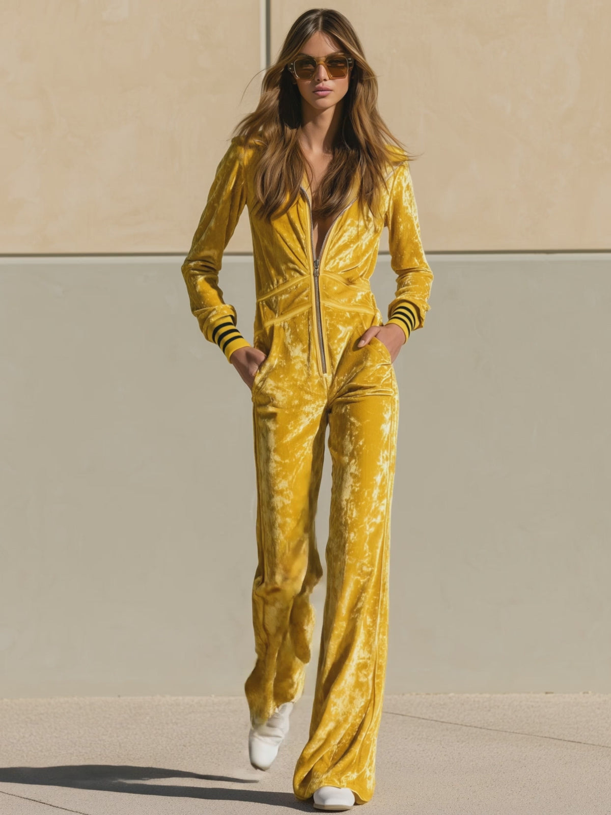 Stylish Retro Yellow Velvet Zipper Long-Sleeved Jumpsuit