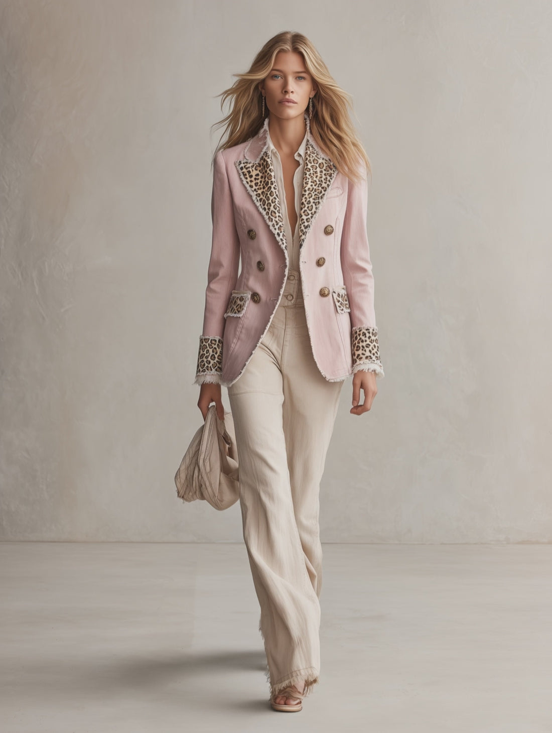 Light-luxury Leopard-panel Raw-edge Denim Blazer