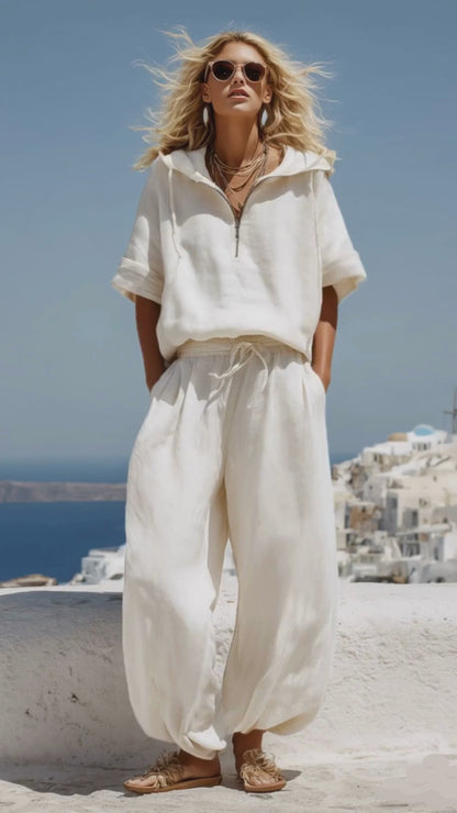 Vacation Retro White Cotton Linen Short-Sleeve Hooded Top And Balloon Pants Set