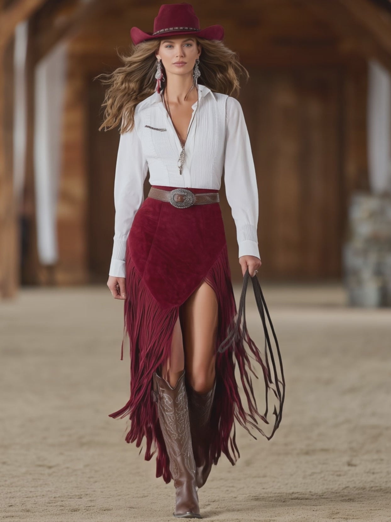 Western Retro Red Faux Suede Slit Fringe Midi Skirt
