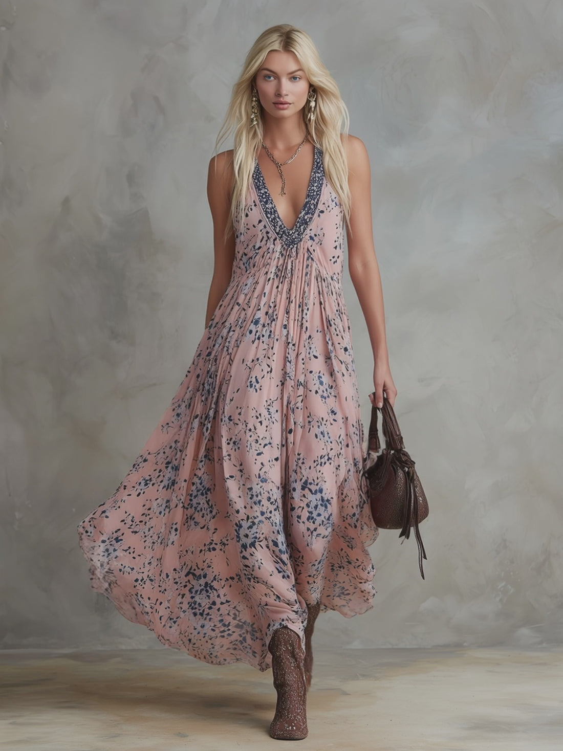 Retro Classic Floral Print Pink Chiffon V-Neck Sleeveless Maxi Dress