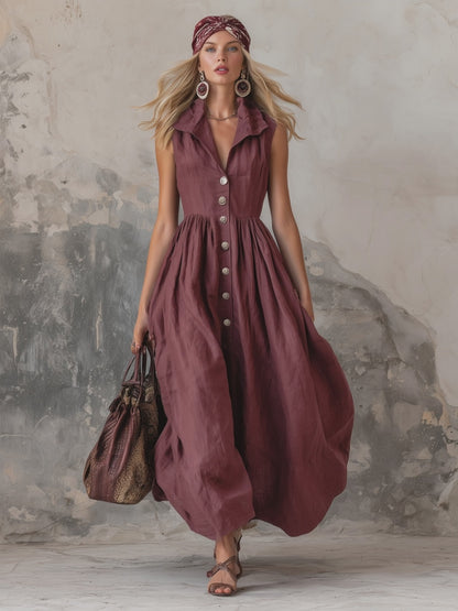 Elegant Zinfandel-colored Cotton And Linen Sleeveless Maxi Dress