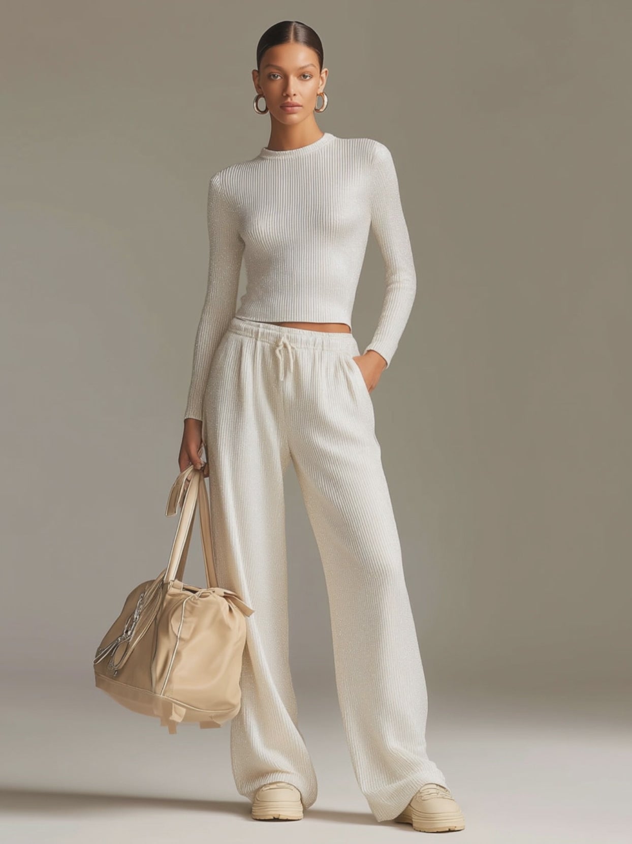 Fashionable Sporty White Knit Ribbed Crew Neck Top And Wide-leg Pants Set
