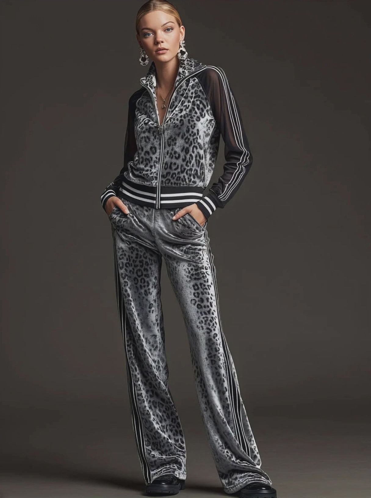 Sporty Retro Striped Mesh Sleeve Gray Leopard Print Velvet Sweatshirt And Pants Set