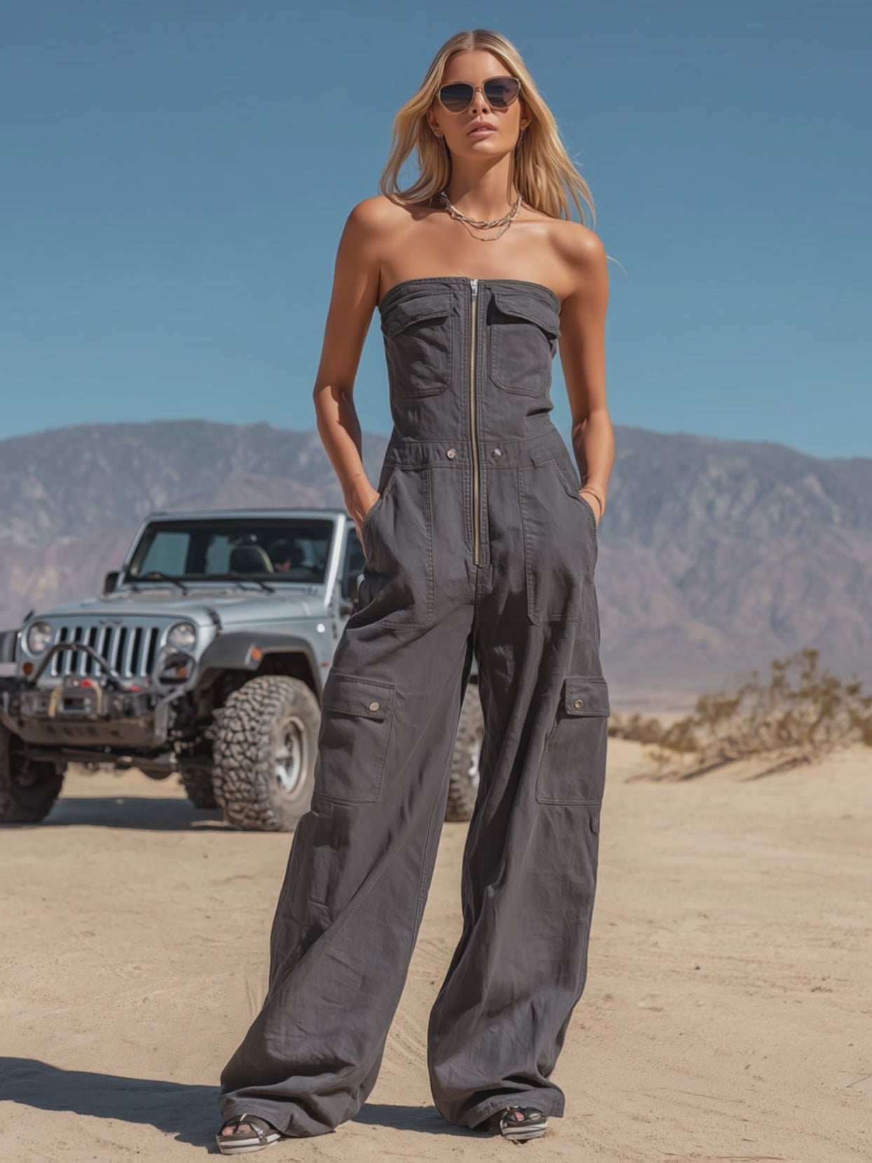 Retro Gray Strapless Multi-pocket Zippered Cotton Jumpsuit