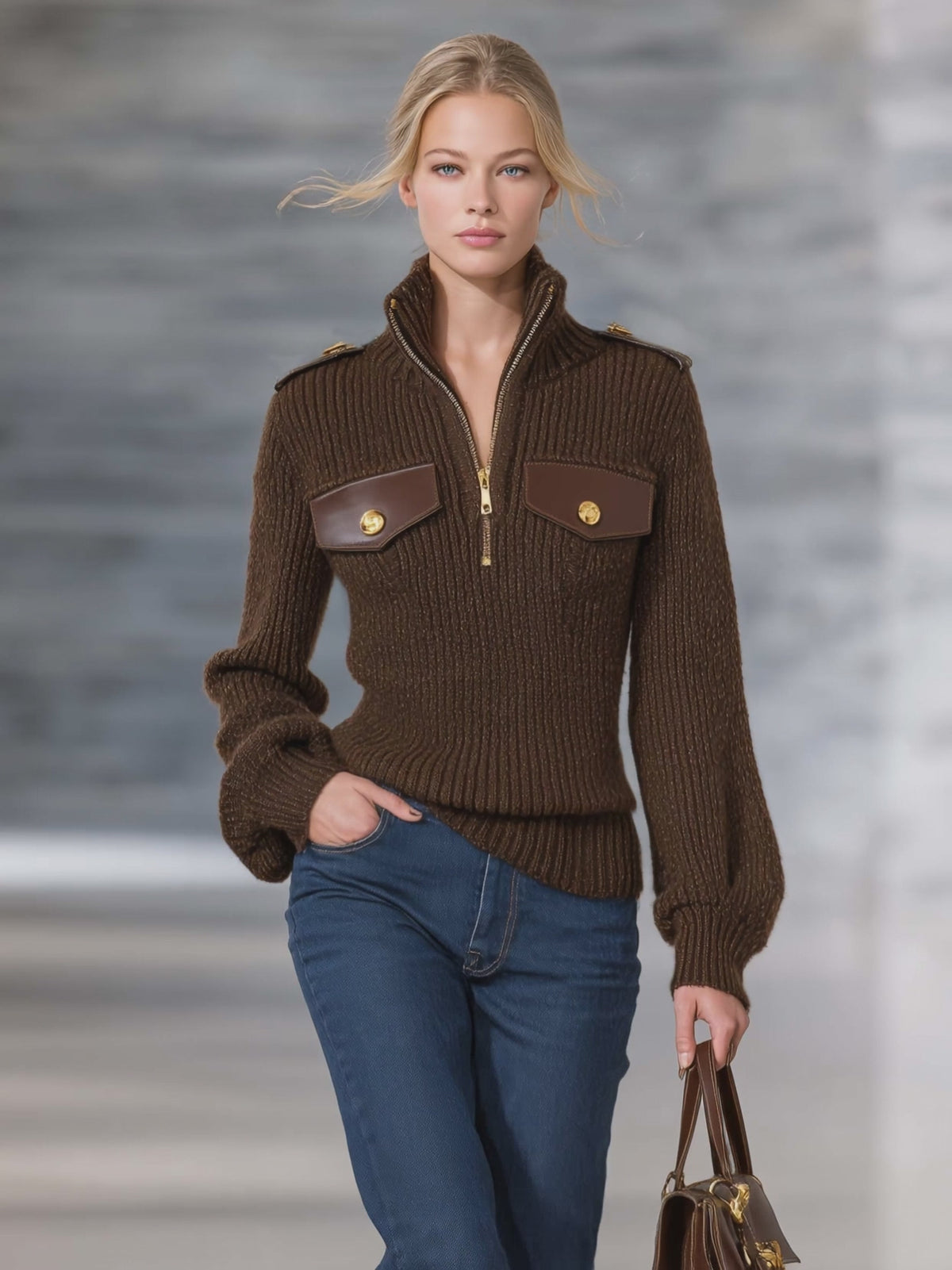 Heritage Utility Brown Mock Neck Zip Sweater Women Epaulette Flap Pocket