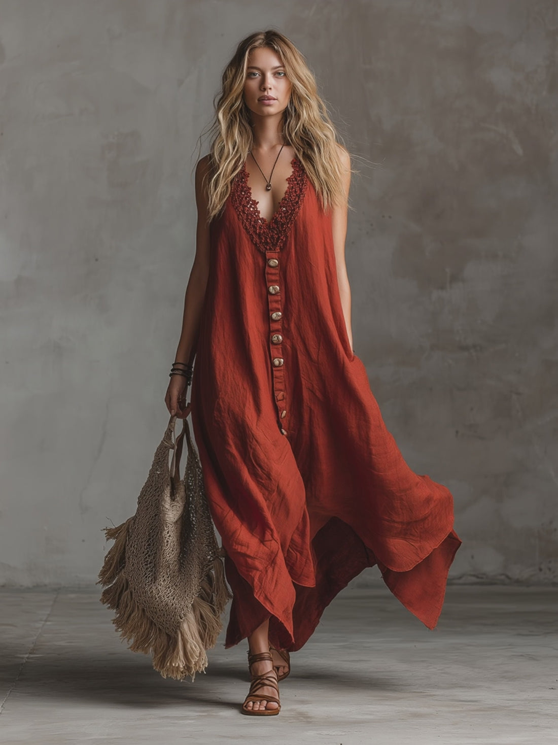 Vintage And Charming Red Cotton And Linen Sleeveless Maxi Dress