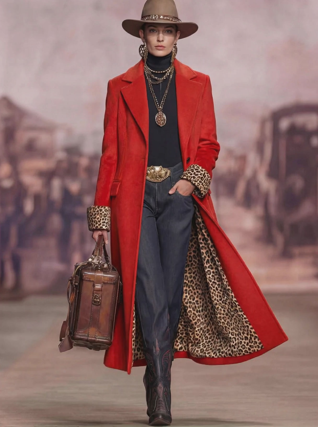 Lapel Single-breasted Leopard Print Wool Coat