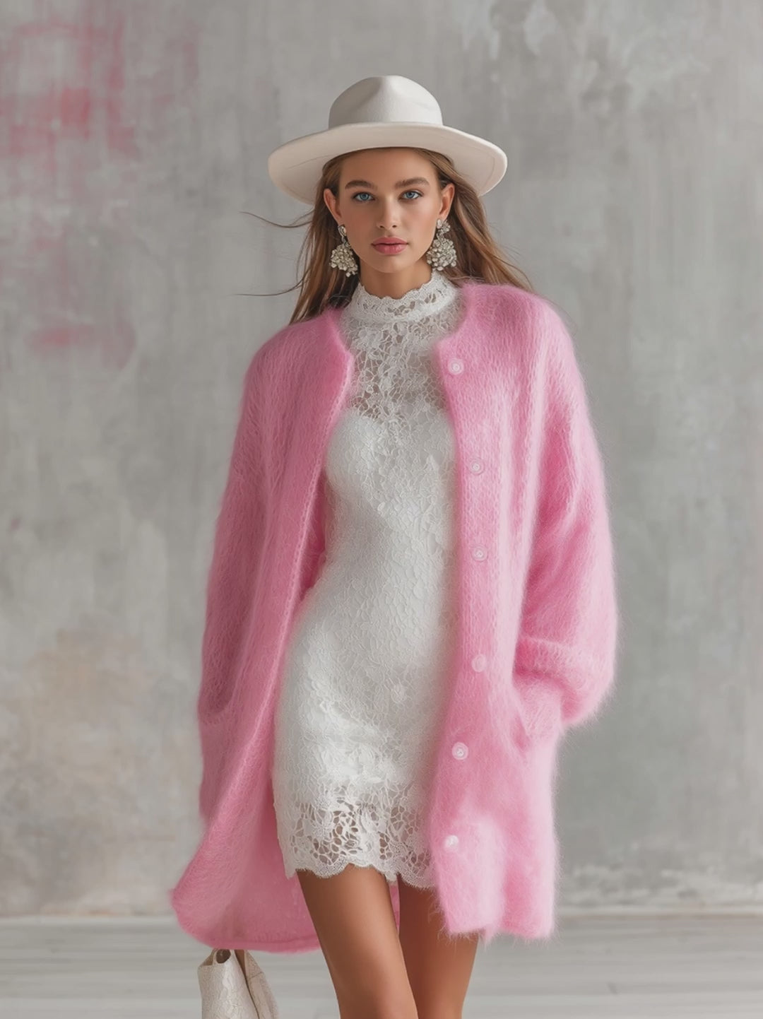 Elegant Vintage-inspired Relaxed-fit Solid Color Mid-length Mohair Cardigan