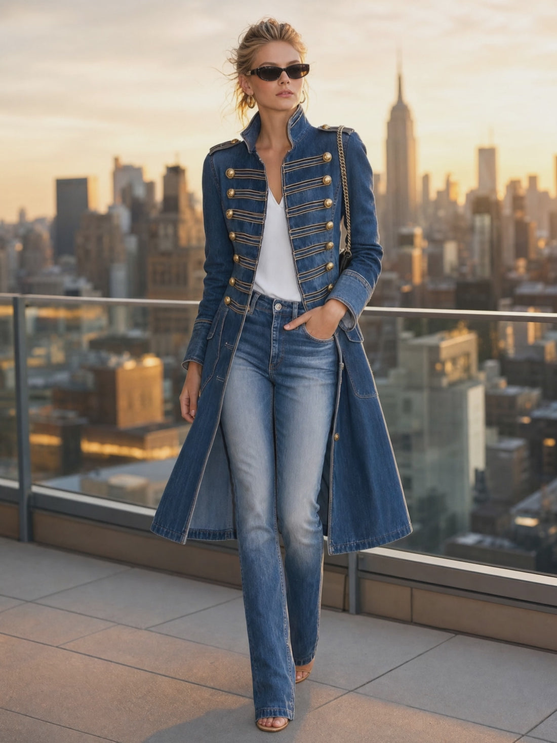Vintage Washed Denim Military Officer Longline Gold-Button Fitted Statement Coat Women