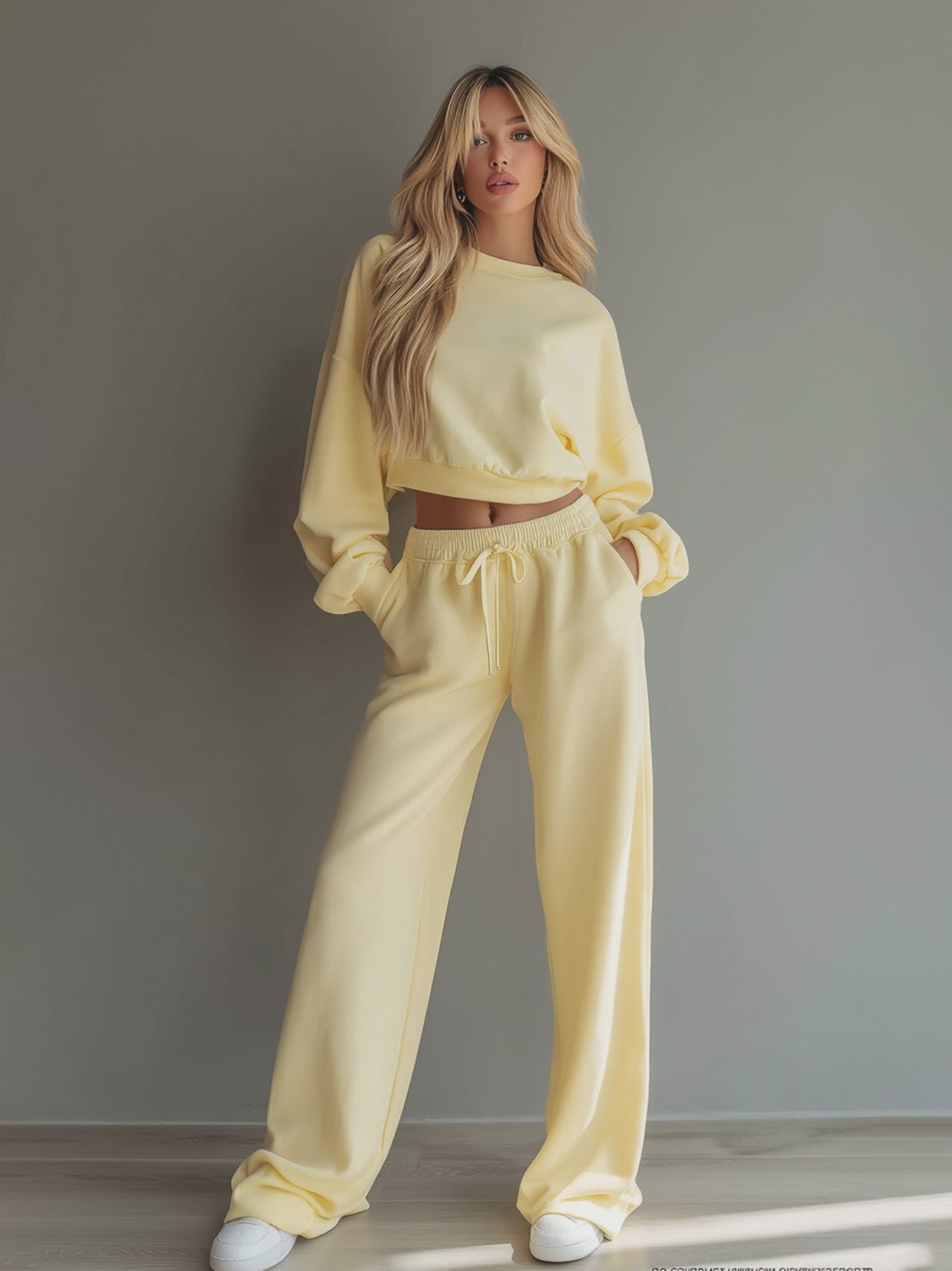 Casual Minimalist Pale Yellow Cropped Sweatshirt And Pant Set