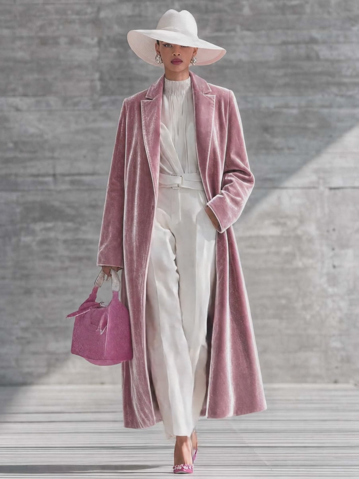 urban-elegance-pink-shimmering-velvet-long-coat - Oyrosy