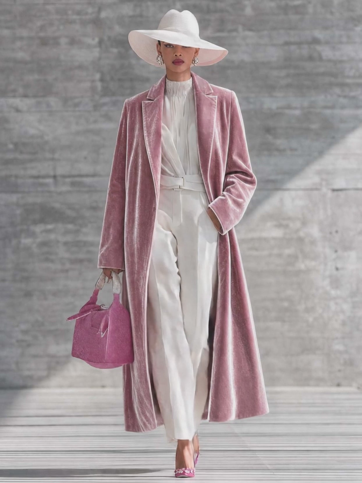 urban-elegance-pink-shimmering-velvet-long-coat - Oyrosy