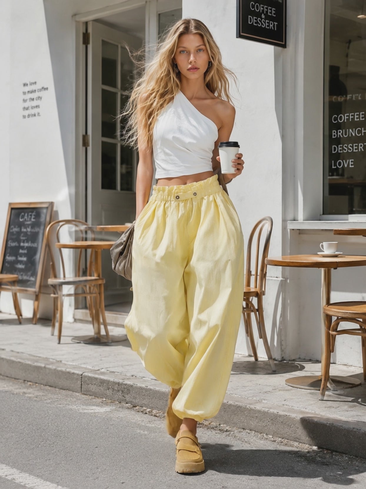 Casual Fashion White Cotton-Linen One-Shoulder Top And Light Yellow Pants Set