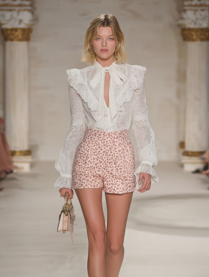 Retro Elegant And Delicate Ruffled V-neck Lace Long-sleeved Top