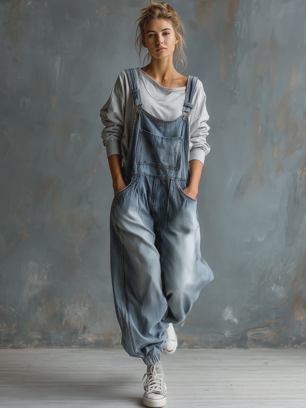 Casual Retro Washed Denim Blue Pocket Overalls