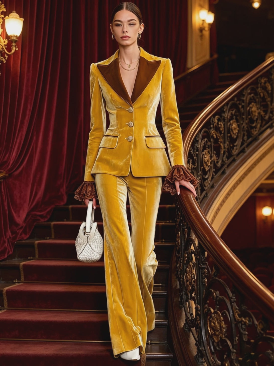 Elegant Retro Lace Ruffled Color-blocked Yellow Velvet Blazer