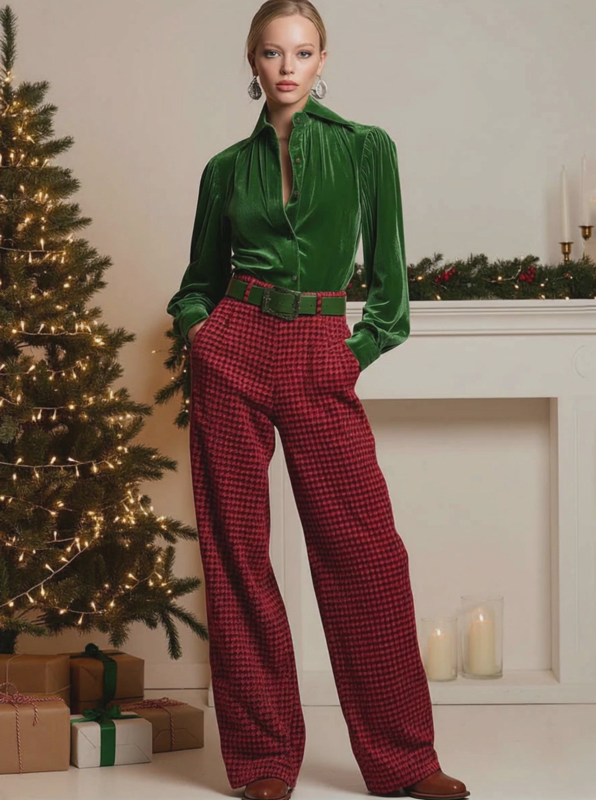 Retro Green Velvet Pleated Long-sleeved Shirt And Houndstooth Wide-leg Pants Set