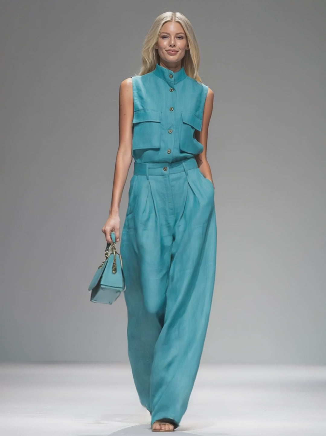 Retro-style Stand-up Collar Sleeveless And Linen-style Trousers Set