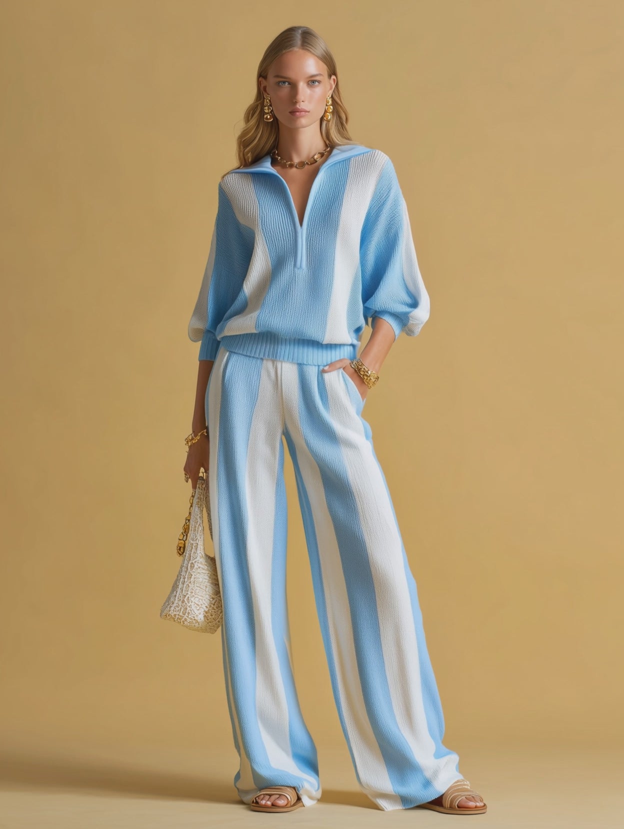 Casual And Comfortable Striped Knit Two-piece Set