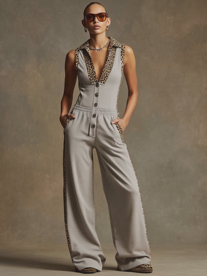 Sporty Retro Leopard Print Trim Gray Sleeveless Wide-leg Jumpsuit